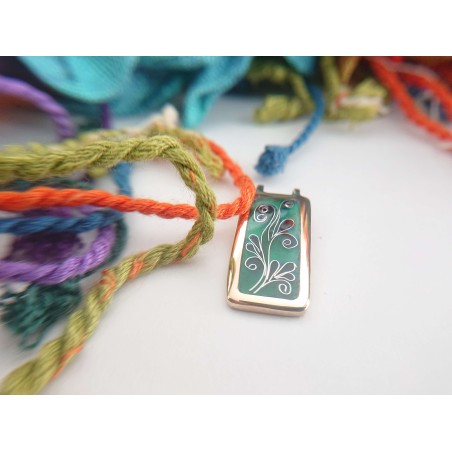 Green floral enamel necklace brass pendant