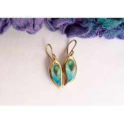 Blue green leaf enamel earrings -brass- handmade jewelry (GesfOfCreation.etsy.com)