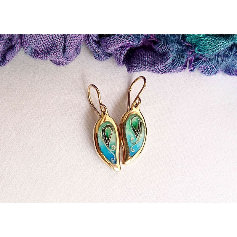 Blue green leaf enamel earrings -brass- handmade jewelry (GesfOfCreation.etsy.com)