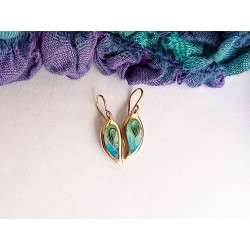 Blue green leaf enamel earrings -brass- handmade jewelry (GesfOfCreation.etsy.com)