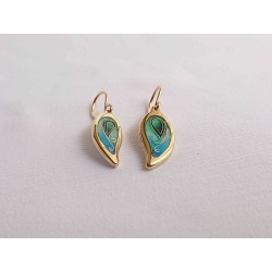 Blue green leaf enamel earrings -brass- handmade jewelry (GesfOfCreation.etsy.com)