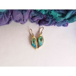 Blue green leaf enamel earrings -brass- handmade jewelry (GesfOfCreation.etsy.com)
