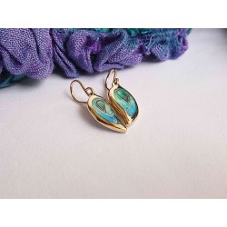 Blue green leaf enamel earrings -brass- handmade jewelry (GesfOfCreation.etsy.com)
