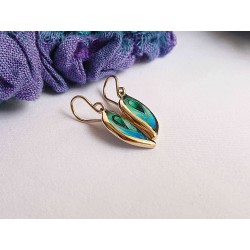 Blue green leaf enamel earrings -brass- handmade jewelry (GesfOfCreation.etsy.com)