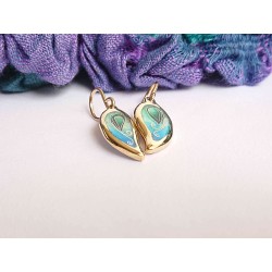 Blue green leaf enamel earrings -brass- handmade jewelry (GesfOfCreation.etsy.com)