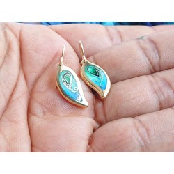 Blue green leaf enamel earrings -brass- handmade jewelry (GesfOfCreation.etsy.com)