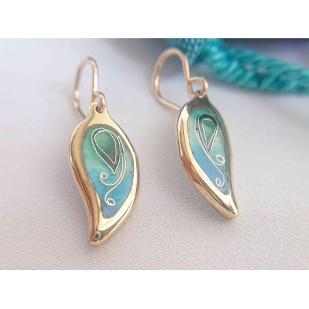 Blue green leaf enamel earrings -brass- handmade jewelry (GesfOfCreation.etsy.com)