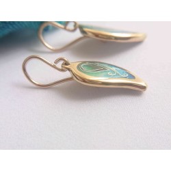 Blue green leaf enamel earrings -brass- handmade jewelry (GesfOfCreation.etsy.com)