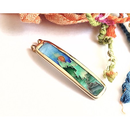 green mountains-scene-brass-enamel-pendant